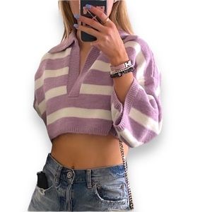 NWT For Love And Lemons Maud Cropped Oversized Sweater Purple Striped Medium